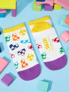 Tetris™ X SHEIN 2Pairs Soft & Breathable Moisture-Wicking Casual Ankle Socks Fashionable & Cute White & Black Short Socks Reinforced Toe & Heel For Durabiliy Unisex For Men & Women All Season All-Match Summer Winter,Graphics Socks - Multicolor - View 6