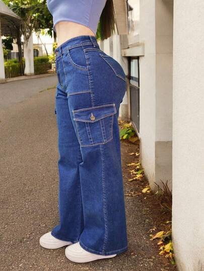 Pantalones vaqueros ajustados de tiro alto estilo cargo, diseño con múltiples bolsillos, tejido suave y elástico, estilo casual y versátil