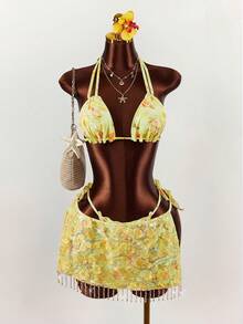 Amplova 3pcs Women's Sequin Embroidered Sexy Swimsuit Set, Fashionable For Vacation, Shiny Yellow - Multicolor - View 5