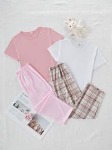 4pcs/Set Girls Casual Striped, Plaid & Graphic Print Short Sleeve Top And Pants Pajama Set - Multicolor - View 1