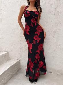 Sunnyshic 女士酒红色露背修身长款鱼尾连衣裙，奢华刺绣，优雅迷人，适合婚礼、派对、宴会、海滩、夜店、约会、秋季、情人节、圣诞节等场合。 - 紅色和黑色 - 查看 4
