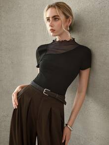 MOTF PREMIUM 黑色牙签图案撞色网眼针织T恤 - 黑色 - 查看 5