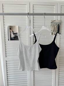 SHEIN EZwear 2件装女士休闲日常通勤简约纯色吊带背心，细肩带设计，基础款吊带衫，夏季上衣，女士背心，女士吊带衫，女士上衣，夏季女士上衣 - 彩色 - 查看 3