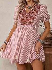 LanaWest Women's Casual Bohemian Western Floral Retro Print Ruffle Hem Half-Placket Dress - Khaki - View 4