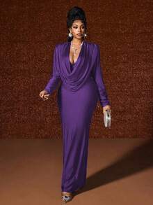 Maweii 大码优雅派对深V领褶皱连衣裙 - 紫色 - 查看 4