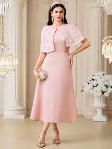 Modelyn New Design Patchwork Cloak Dress, Elegant Rhinestone Decor Waist Cinched Formal Gown ,Summer Dress,Spring Dresses For Women - Pink - View 4