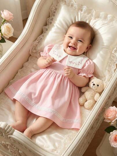 SHEIN Newborn Baby Girl Spring/Summer Pink Short Sleeve Puff Sleeve Dress, Paired With Embroidered Peter Pan Collar, Lace Trim Hem, Cute Sweet Princess Style, Newborn Outfits Girl Baby Doll Dress Heirloom Baby Dress Smocked Baby Dress Pink Baby Dress Baby Girl Dress Baby Girl Outfit Puffed Sleeve Dress Tea Party Baby Outfit Embroidered Collar Baby Dress Baby Doll Clothing Embroidered Collar Dress Baby
