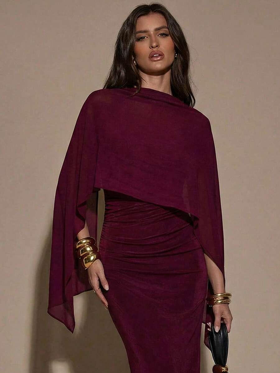 SHEIN BAE Women's Burgundy Summer Elegant Dining Dress,Off-The-Shoulder Halter Pleated Fitted Cape Cover-Up Tight Maxi Bodycon Evening Wear For Wedding Holiday - Burgundy - View 1