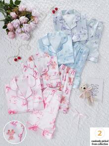 Sweet Style School Girls Pajamas, Satin Fabric With Printed Patterns, Short Sleeve Collared Cardigan Top Paired With Shorts, Comfortable Loungewear, 4 Sets Randomly Shipped As 2 Set Combinations, Suitable For Summer - Multicolor - View 5