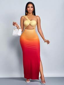 SOLERSUN 女士夏季度假渐变色无袖不对称侧开叉镂空性感连衣裙 - 紅色 - 查看 6