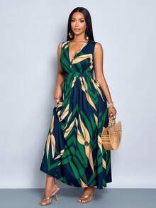 SOLERSUN 女士无袖松紧腰长裙，适合夏季度假和日常穿着、波西米亚风节日、海滨度假、海滩旅行、约会、通勤、优雅（随机花卉）