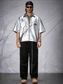 AXEPEAK Men's PU Leather Letter Embroidered Loose Woven Short Sleeve Shirt - Silver - View 6