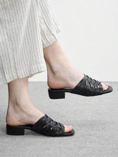 CUCCOO BIZCHIC 女士户外厚底凉鞋，时尚休闲舒适编织方头拖鞋，黑色厚底防滑低跟拖鞋