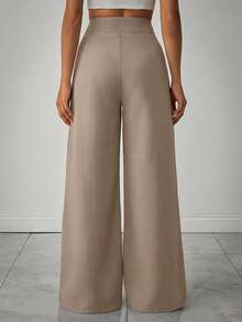 EURMUSE Pantalones anchos de mujer con detalles plisados de unicolor - Beis - Ver 2