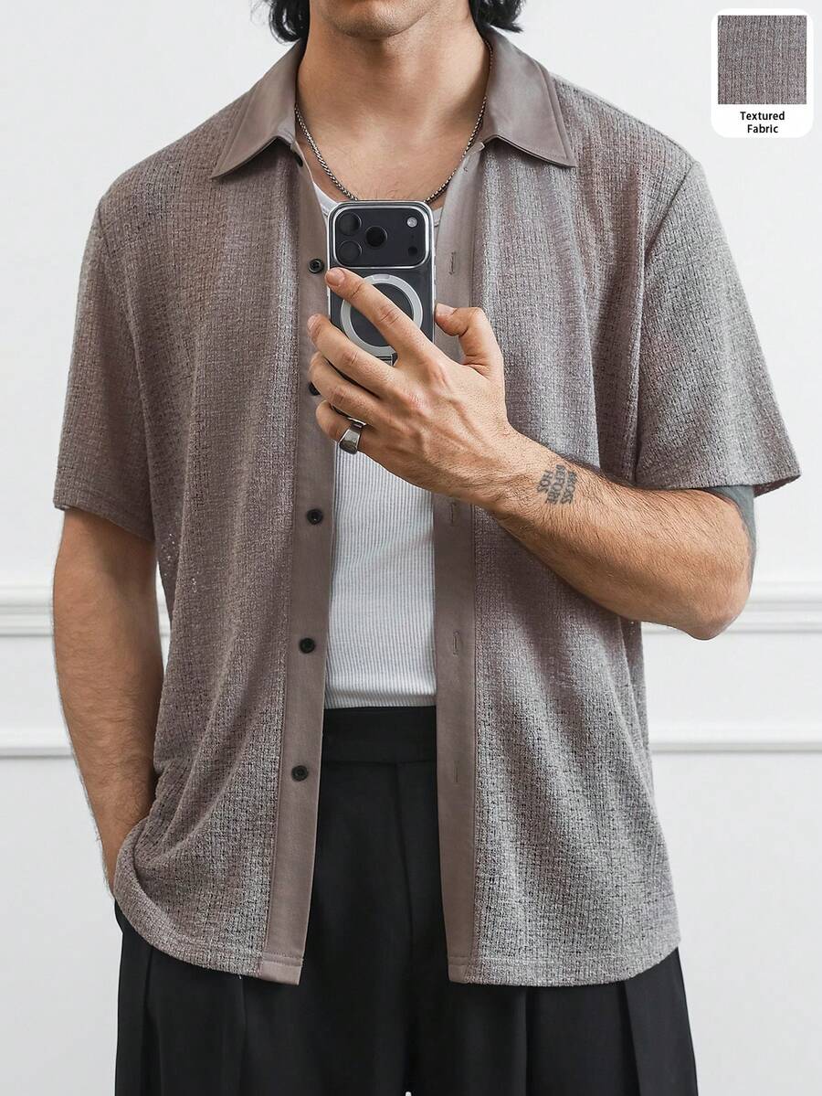 HUEFORM 男士休闲精致通勤居家短袖衬衫 - 卡其色 - 查看 1