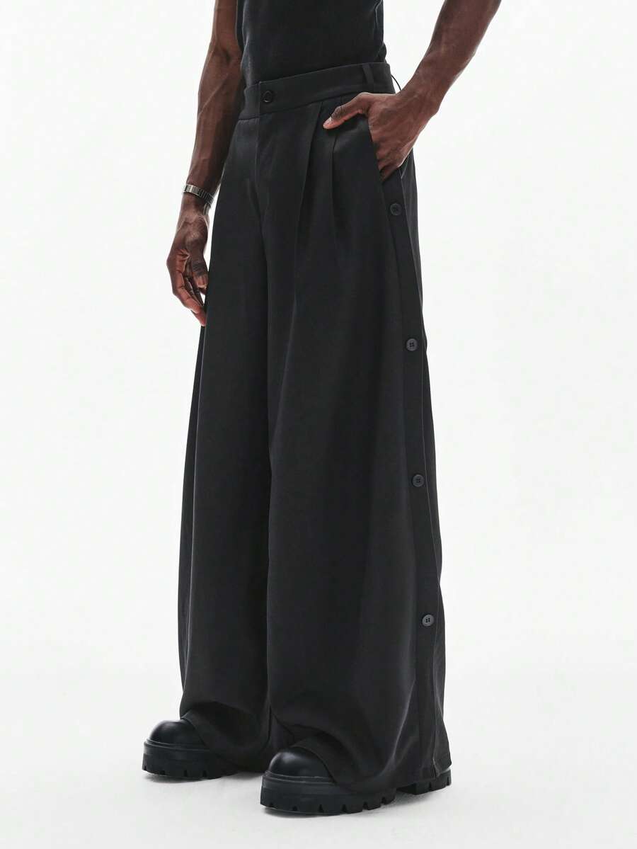 STYNVO Quần ống rộng dáng suông nam, quần ống rộng màu trơn có cúc, quần oversized nam, quần ống rộng đen nam, quần ống rộng thùng thình nam. - màu đen - Xem 1