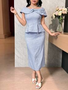 Modelyn Bộ đồ 2 món thanh lịch dành cho nữ: Áo và chân váy midi họa tiết hoa jacquard đính ren, xếp ly. - Màu xanh lam - Xem 6