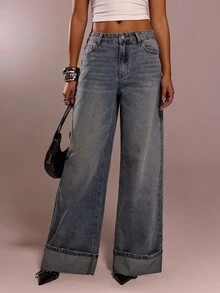 Quần jeans ống rộng màu xanh xám cạp thấp đa năng, phong cách thường ngày, phù hợp với mọi phong cách, mùa hè mới - Rửa trung bình - Xem 5