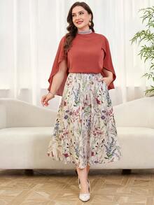 Reflora Plus Size Women's 2 Piece Set,Multicolor Elegant Blouse & Floral Printed Skirt With Pockets,Autumn Wedding Guest Outfit,Flowy Sleeve Bohemian Suits - Multicolor - View 4