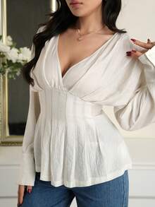 Modelyn 春夏秋冬情人节假期狂欢节婚礼嘉年华服装海滩优雅派对婚礼宾客夏季春季情人节深V领上衣白色上衣 - 杏色 - 查看 3