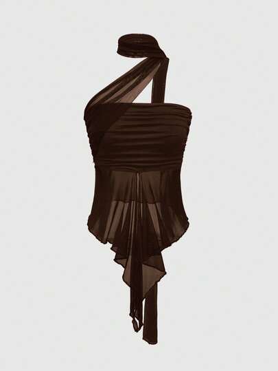 Goth Top corto con escote de malla fruncida y desmontable con estilo Y2K para mujeres