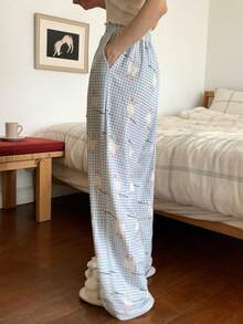 DAZY Women's Cute Animal Plaid Pattern Pajama Bottoms - Blue - View 2