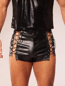FeverCity Men's Street Fashion PU Lace-Up Shorts - Black - View 1