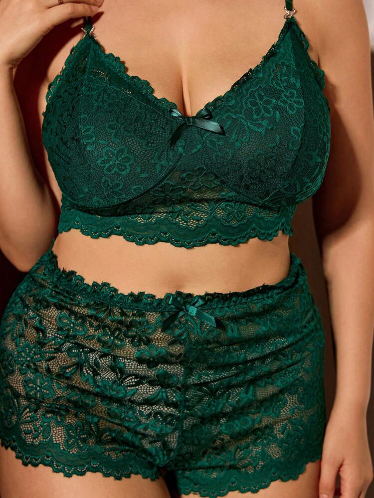 Slumberist Conjunto de lencería sexy de camiseta de encaje y shorts de talla grande - Verde Oscuro - Añade 6