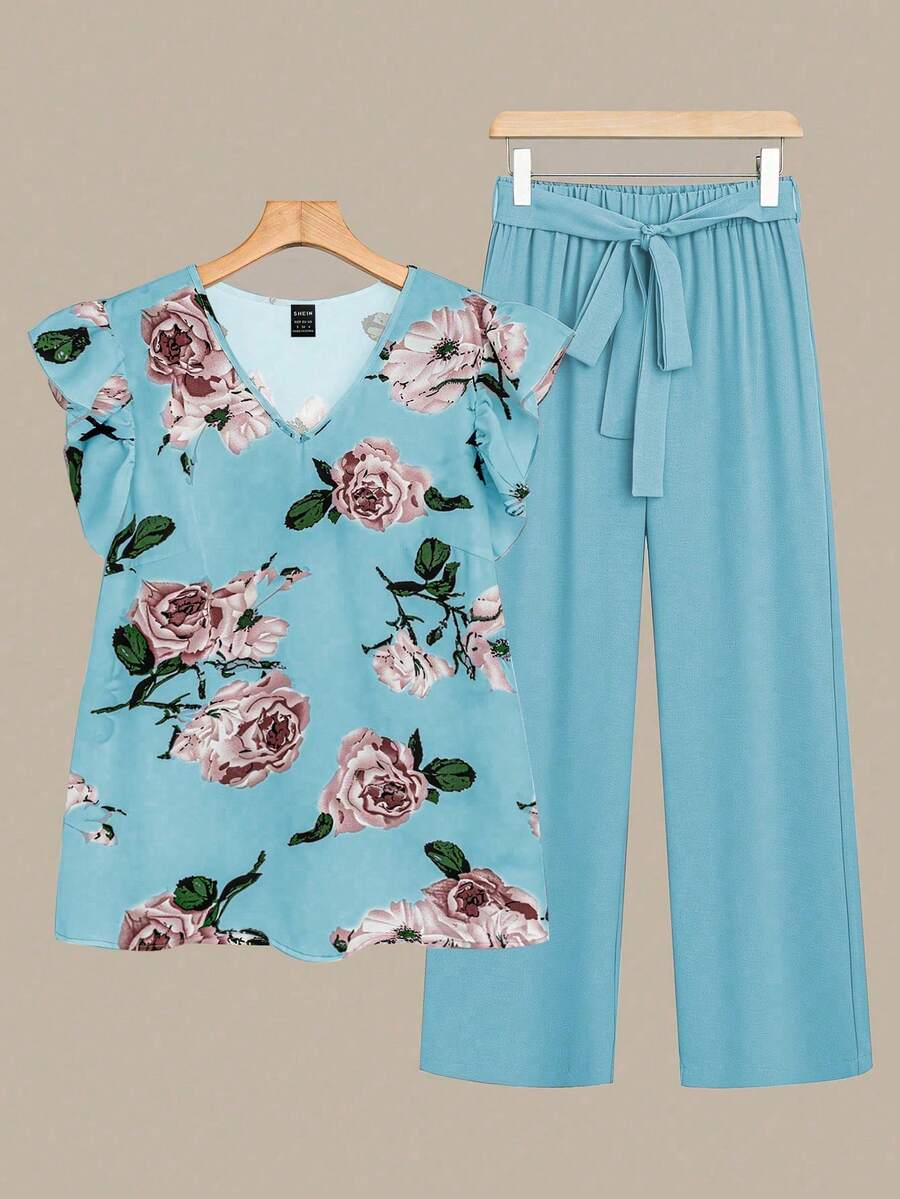 EMERY ROSE 2pcs Women Casual Floral Print Cap Sleeve Blouse And Straight Leg Pants Set, Spring/Summer Blouse And Pants Set 2 Piece Sets Woman Summer Summer Pant Set Pants And Top Set - Blue - View 1