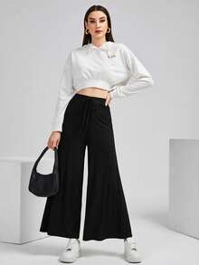 Seusyu 女士休闲纯色阔腿裤 - 黑色 - 查看 5