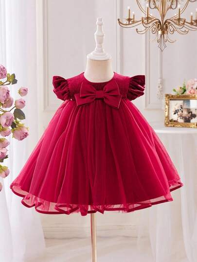 Glamorique Kids 女婴勃艮第天鹅绒盖袖高腰娃娃裙，薄纱泡泡裙，缎面蝴蝶结装饰，儿童派对礼服，适合圣诞节、万圣节、庆典、表演