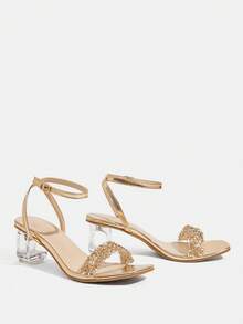 CUCCOO TILAWA Women's Fashion Crystal Embellished Square Toe Chunky Heel Sandals - Champagne - View 3