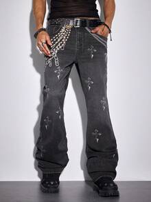 ROMWE MEN 男士休闲水洗十字架字母链印花牛仔裤 - 黑色 - 查看 3