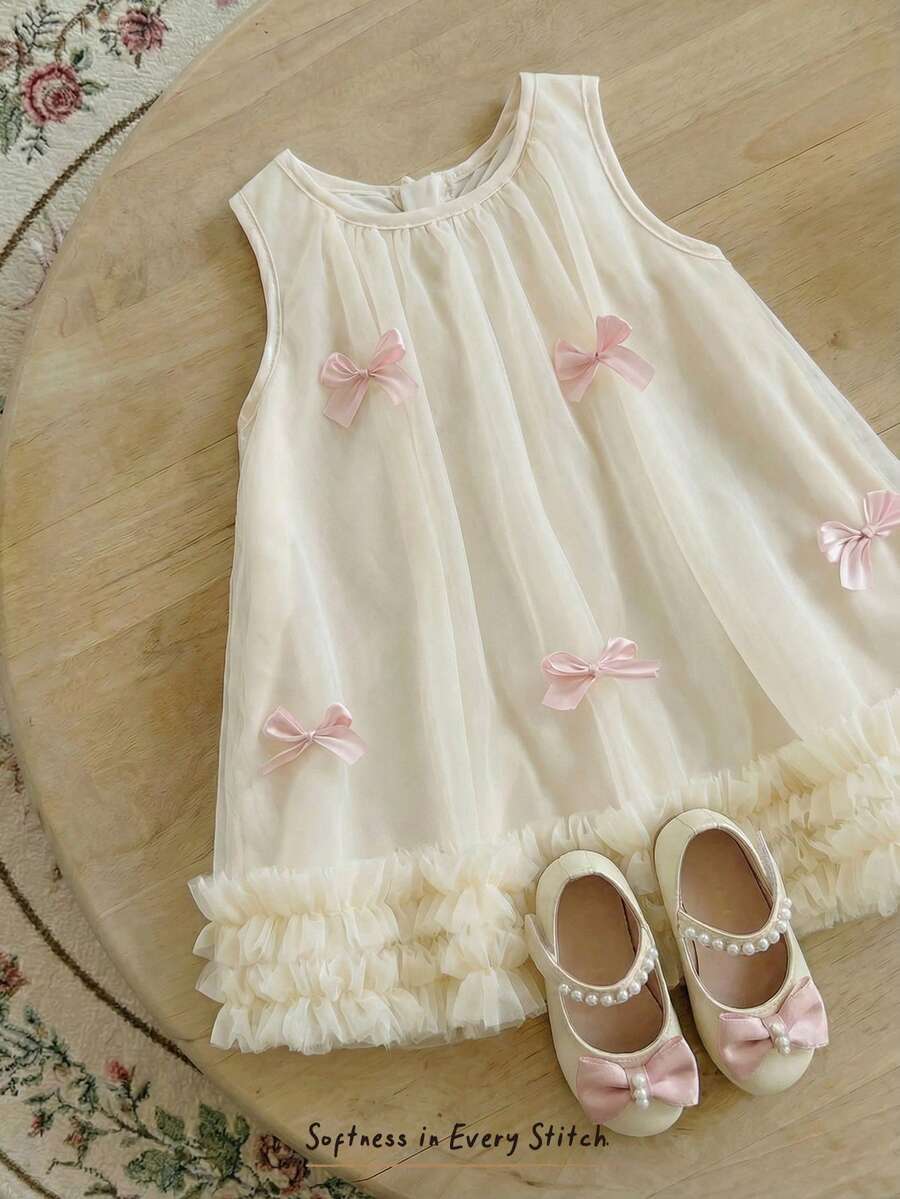 Cozy Pixies 女婴撞色蝴蝶结装饰圆领无袖收腰连衣裙，百搭舒适 - 杏色 - 查看 1