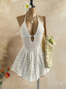 Soleia Women's Vacation Casual Halter Backless Knit Mini Dress - White - View 1