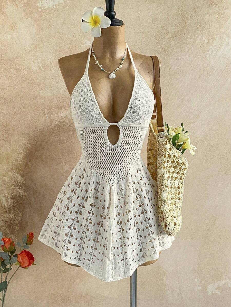 Soleia Women's Vacation Casual Halter Backless Knit Mini Dress - White - View 1