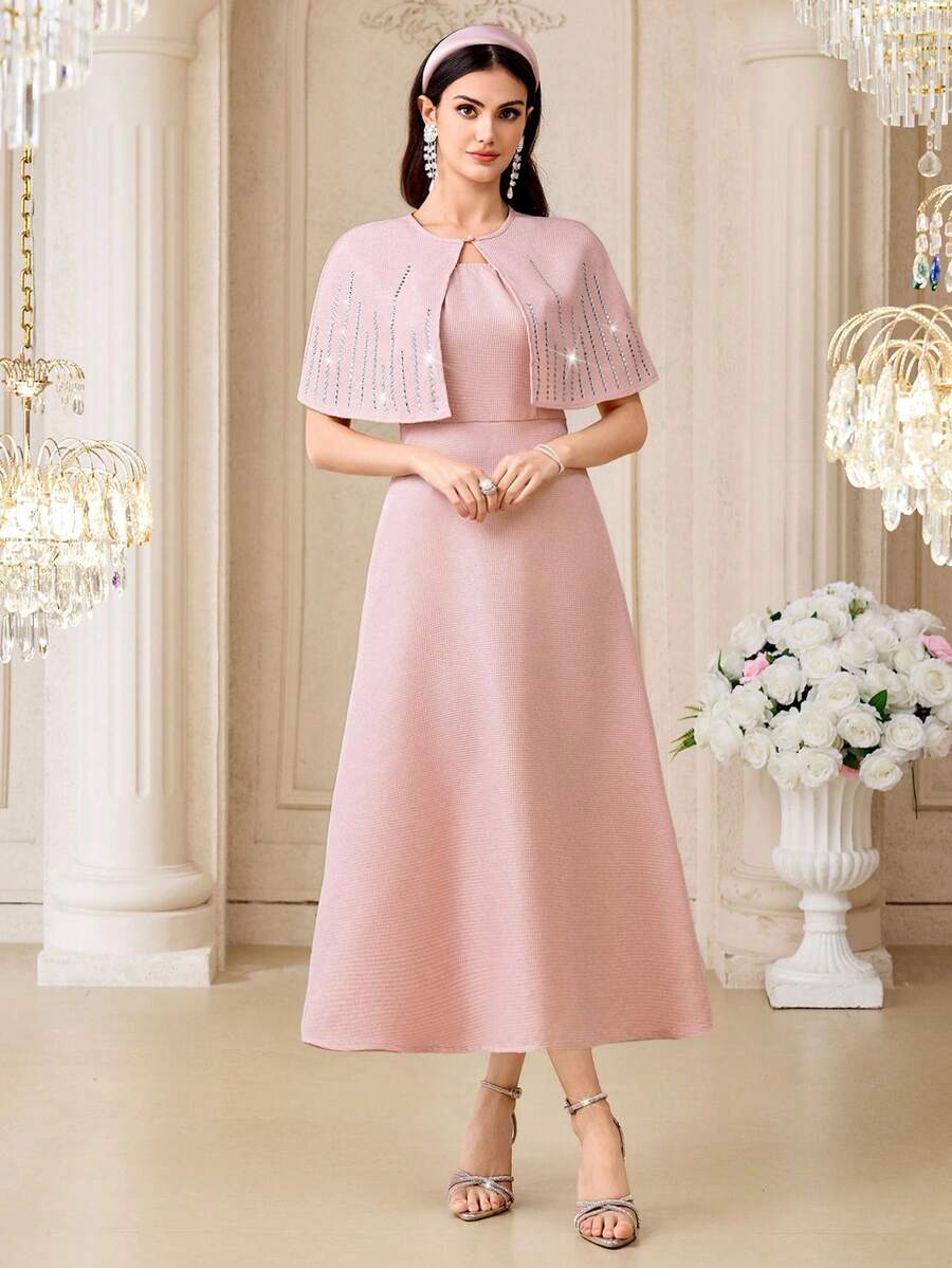 Modelyn New Design Patchwork Cloak Dress, Elegant Rhinestone Decor Waist Cinched Formal Gown ,Summer Dress,Spring Dresses For Women - Pink - View 1