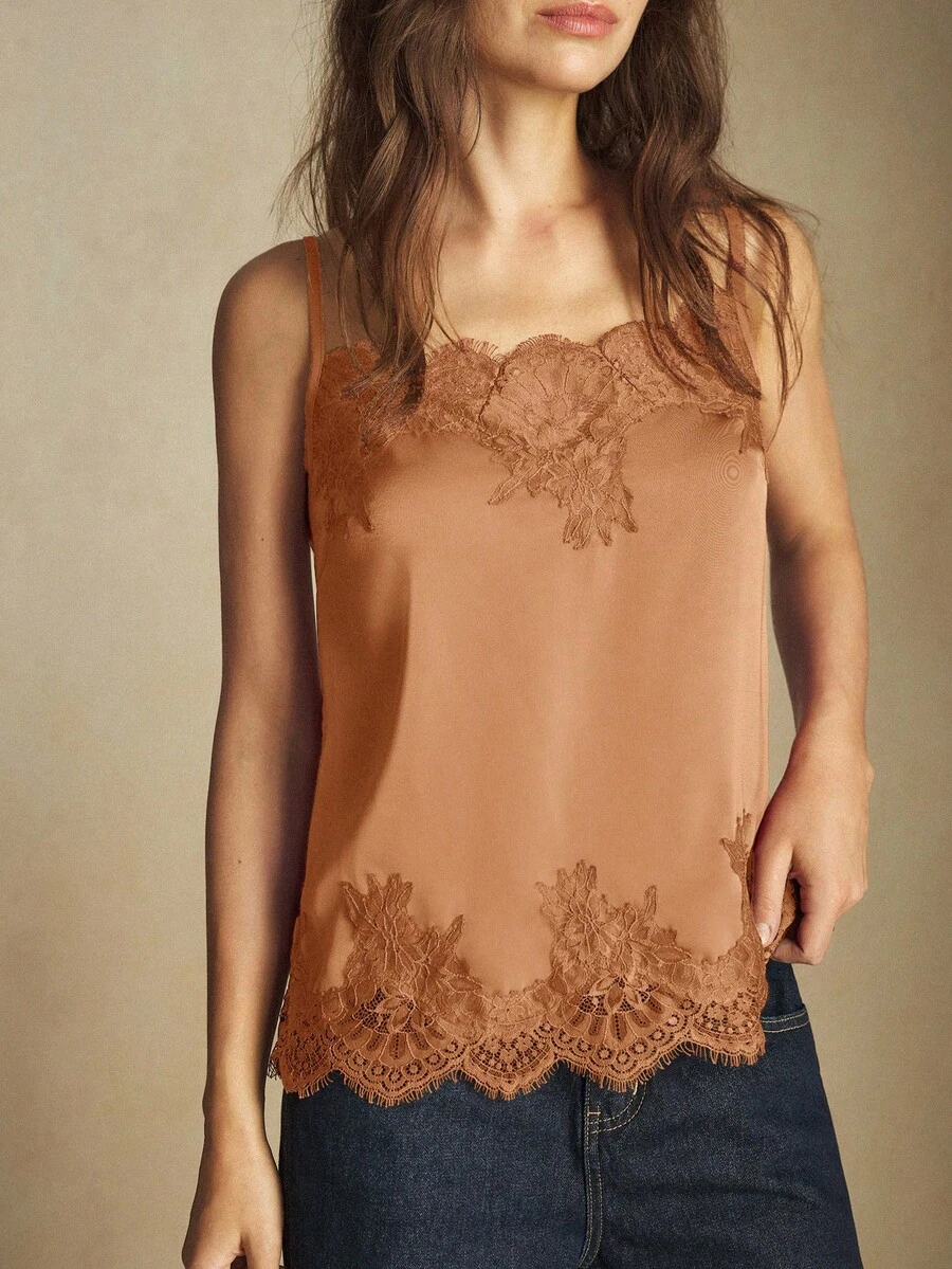 BizChic Áo hai dây không tay viền ren, có dây đeo điều chỉnh được, đa năng cho mùa xuân/hè, phù hợp cho Lễ Phục Sinh, Ngày Thánh Patrick, phong cách thường ngày, lãng mạn, retro thập niên 90, tiệc tùng, đi biển, lễ tốt nghiệp, ngày lễ, khách dự đám cưới. - màu nâu - Xem 1