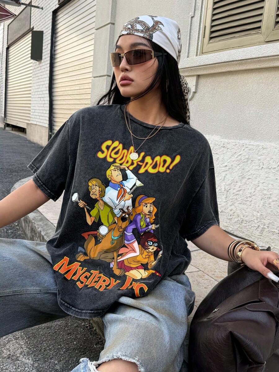SCOOBY-DOO X SHEIN 大码字母与人物图案圆领短袖T恤 - 黑色 - 查看 1