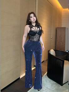 Vibekara Quần ống loe ôm sát, cỡ lớn, màu đen đính đá lấp lánh. - Màu xanh lam - Xem 6