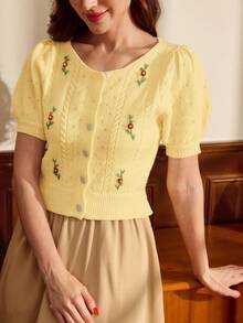 Vintamour 女士刺绣圆领短袖休闲针织开衫 - 黃色 - 查看 7
