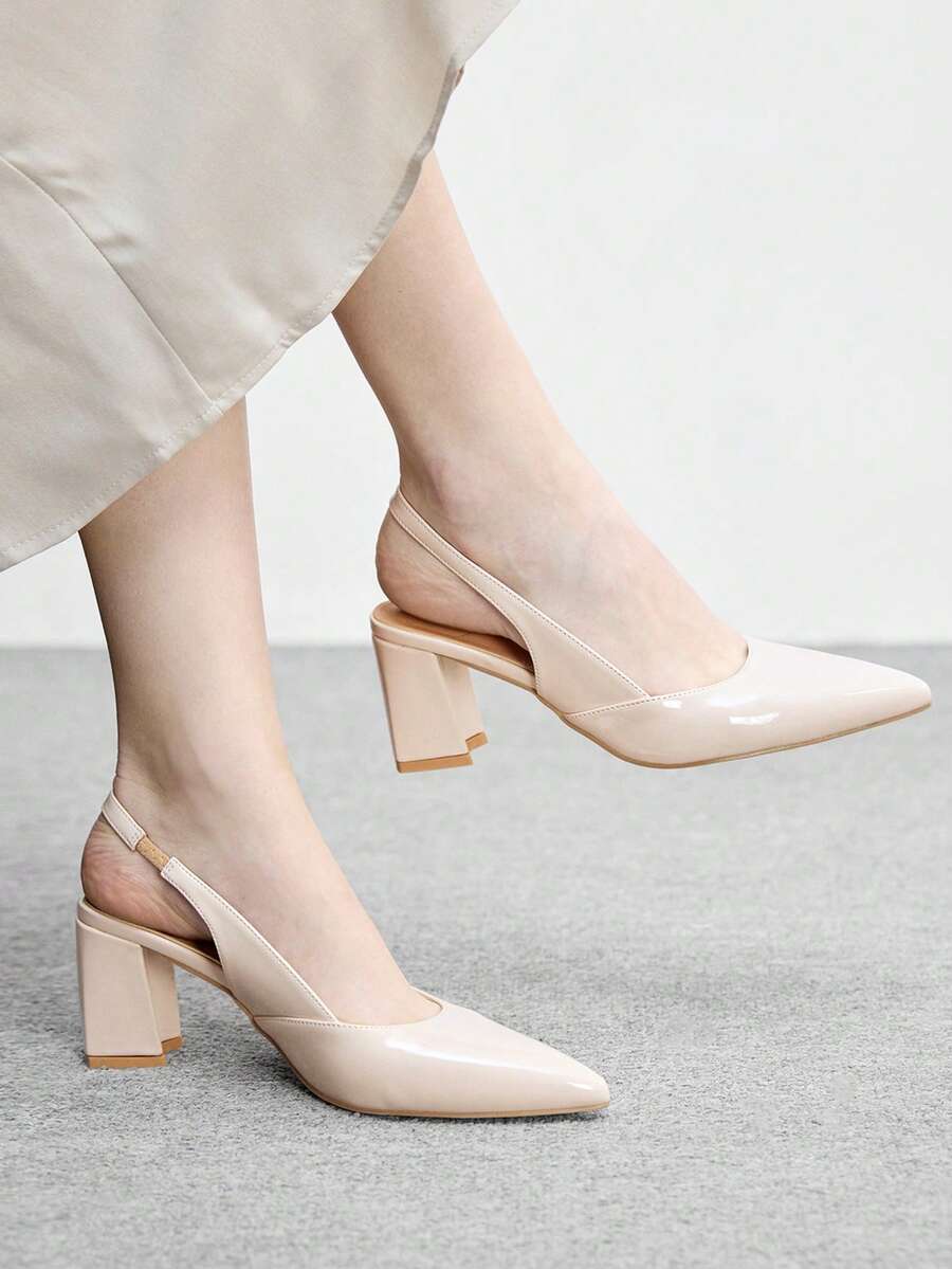 CUCCOO BIZCHIC Women's Fashion Black Open Back Pointed Toe Chunky Heels Pumps, Classic Minimalist Design For Commuting, Dating, Party, Holiday, Wedding - Deep Apricot - View 1