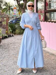 DAZY Women's Elegant Lace Patchwork Textured V-Neck Mid-Length Dress, Spring/Summer Wedding Guest Dress - Blue - View 5