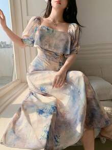 DAZY 女士优雅印花长连衣裙，方领设计，夏季款 - 粉色 - 查看 9