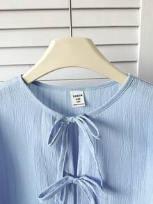 SHEIN Tween Girl Casual Minimalist Comfortable Round Neck Long Sleeve Bow Tie Strap Textured Fabric Shirt, Back To School Season - Baby Blue - View 4
