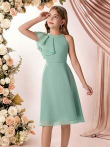 Pitira Vestido de dama de honor de gasa verde sólido con volantes en los hombros y la cintura, con silueta evasé hasta la rodilla, adecuado para niña de las flores, temporada de bodas, Día de San Valentín, fiestas, cumpleaños, festivales de primavera y otras ocasiones - Verde - Ver 4