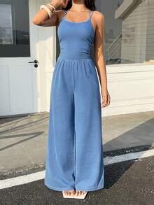 SHEIN Bộ áo liền quần denim ống rộng dáng suông thoải mái dành cho nữ - Màu xanh lam - Xem 5