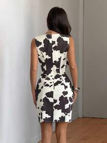 Muchica Women's Cow Print Crew Neck Sleeveless Denim Dress - Multicolor - View 3