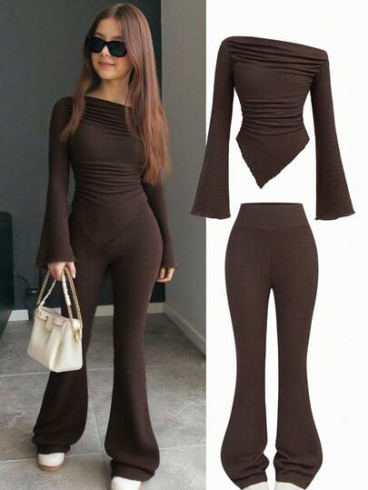 SHEIN Tonårsflickor 2 st/set Casual Grå Plisserad Långärmad Figurnära Stickad Topp och Utsvängda Byxor Set För Hemma Och Utomhus, Resekläder Flygplats