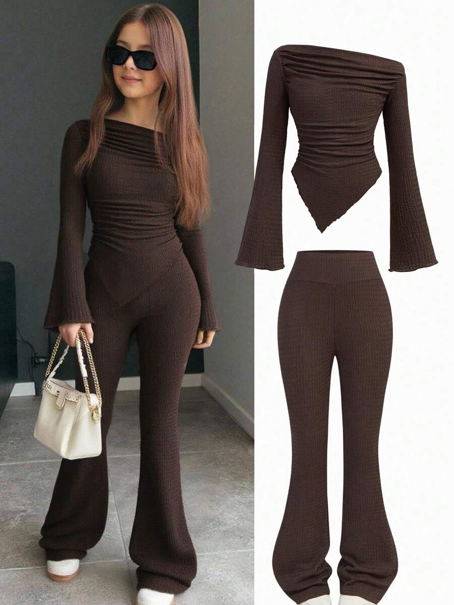 SHEIN Teen Girl 2pcs/Set Casual Gray Pleated Long Sleeve Fitted Knit Top And Flare Pants Set For Home And Outdoors, Travel Outfit Airport Suitable For All Seasons - Spring, Summer, Autumn, Winter